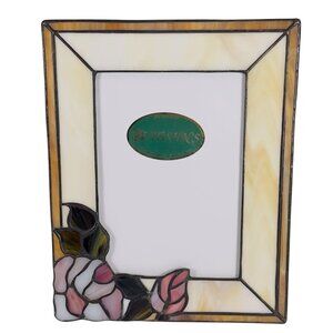 Vintage Stained Glass Photo Frame – Pink & White Roses – Neutral Border
